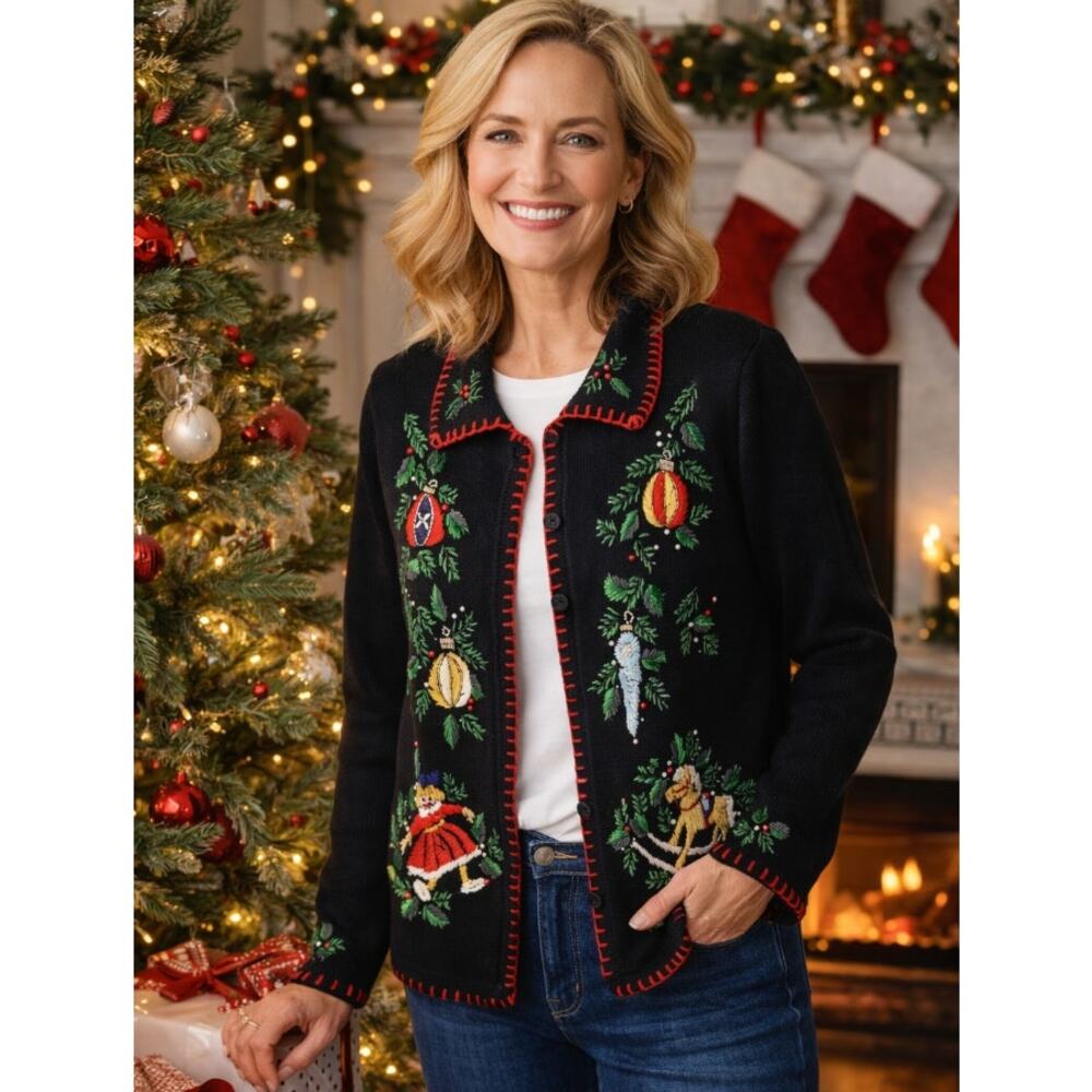 Christmas Holiday Sweater BP Designs Sm Ramie Blend Cardigan Teacher Winter VTG